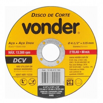 Disco de Corte 115 x 1,6 x 22,23mm DCV Vonder